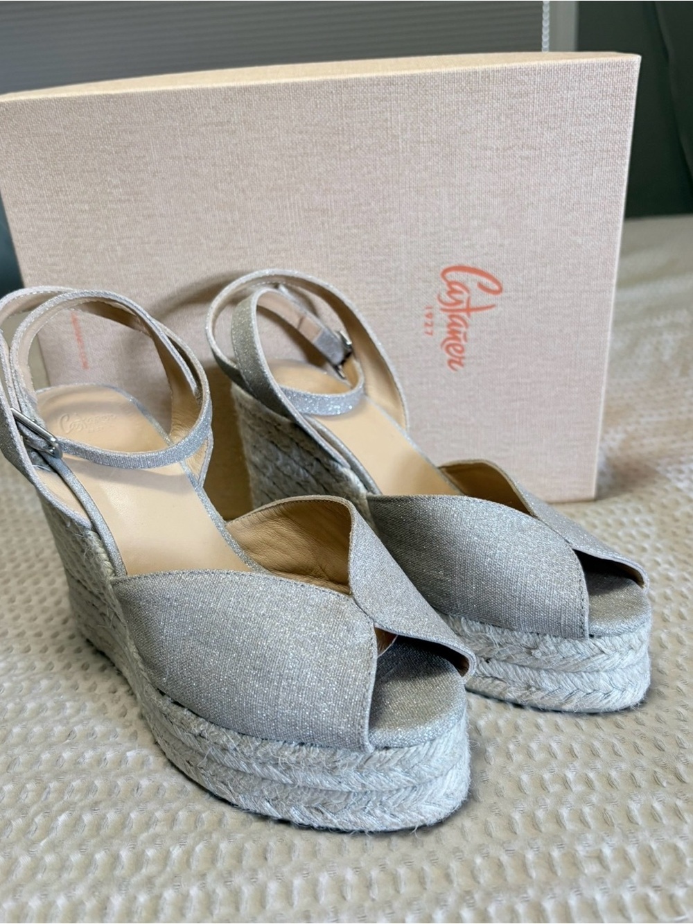 Castaner Silver Glitter Espadrille Wedge Sandals